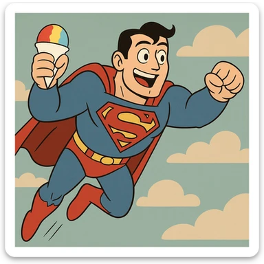 Superman flying with a snow cone in hand, dynamic action, bold colors, animated style sticker