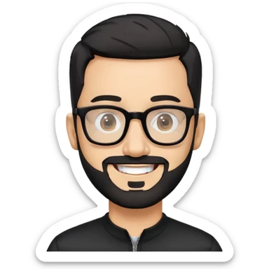 Light-skinned man with extremely short black hair, short clearly graying beard, big black glasses frames, happy smile, black long sleeve shirt with prominent zip at neck sticker