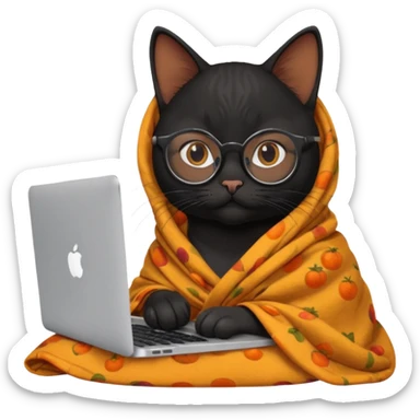 A black female cat working on a MacBook, with round frames and thin glasses, and she wears a blanket with an orange fruit pattern sticker