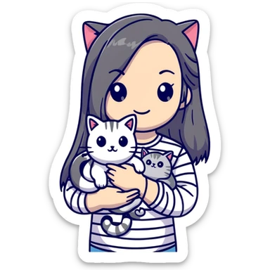 girl with long hair holding a cat with silver stripes sticker