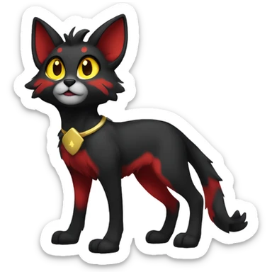 black Shiny Fionbri-Falvie-sparkle-sona with yellow eyes, red edgy markings full body fursona sticker