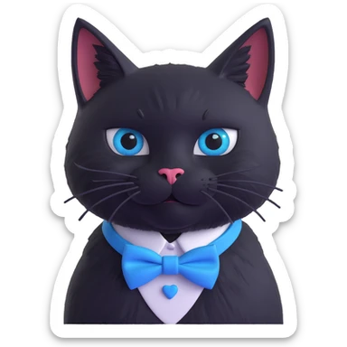 solid black cat no tuxedo with a blue bowtie collar, 3D cartoon style, semi-realistic fur texture, shiny eyes sticker