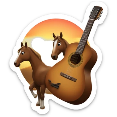 Un caballo ocando una guitarra al frente de un atardecer  sticker