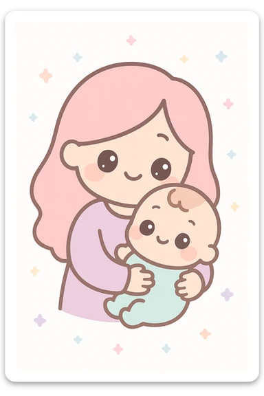 madre abrazando a su bebé, tierna ilustración, estilo kawaii, colores suaves, expresión amorosa y cálida sticker