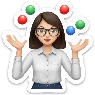 a brunette girl in a shirt and glasses  juggling  with two hands  sticker