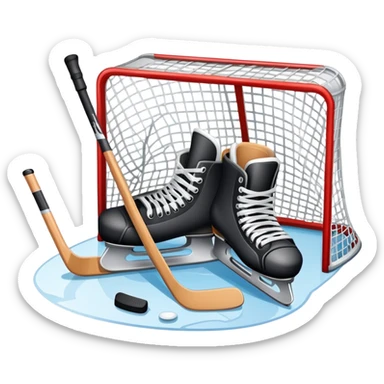 An icon showing a close-up of a hockey stick, puck, skates, and hockey net placed on the ice. The background features a packed stadium with bright lights, cheering fans, and snowy scenery outside. Transparent background highlights the key elements of the game. sticker
