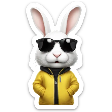 white rabbit in a yellow jacket and black sunglasses, with large ears and a curious expression, set against a black background with scattered white dots. sticker