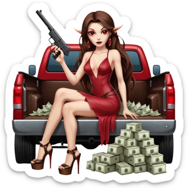 Lilith symbol red eye seductress evil long brown haired sexy succubus woman with leather long dress with slit on, sitting in Big Large F350 pickup truck. Platform long high heels on feet. Back seat full of stacks of cash, she is  Holding a man dead human skull of her enemies and a gun in other hand sticker
