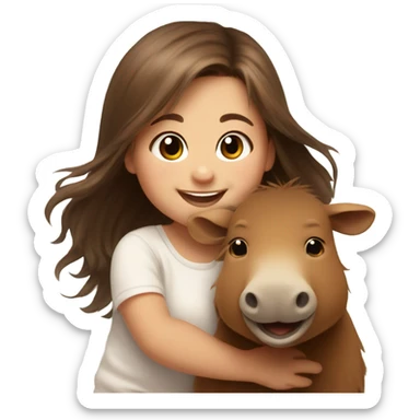 happy baby white girl with long brown hair kind of messy hair, smiling next to capybara sticker