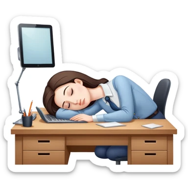 Exhausted office worker woman napping at plain desk, no computer sticker