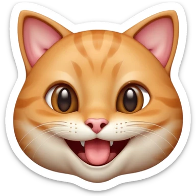 close-up of a smiling cat face with big shiny eyes, joyful expression, mouth open in a wide grin, glossy 3D effect, soft lighting, smooth gradients, high detail, isolated on white background sticker