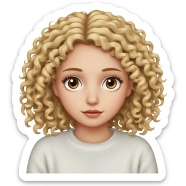a dirty blonde girl with brown eyes and make her wearing a white sweater with curly hair and white skin color long har and big lashes sticker