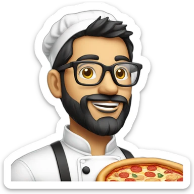 Dark haired 30 years old chef with beard and big glasses proudly holding a pizza sticker