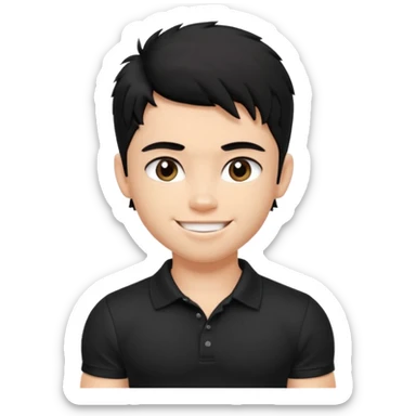 a pretty bratz fair lean muscles boy with a black polo shirt on. shaggy black hair. smiling sticker