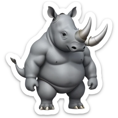 cinematic-rhino-full-body-standing-emoji,slate grey skin -massive-body-poised-powerfully,-thick-horn-curving-slightly-forward,-head-tilted-dramatically,-rough-grey-hide-covered-in-dust,-simplified-focused-features, sticker