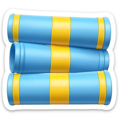 Blue foam tube with yellow caps on both end, not hollow, front view sticker
