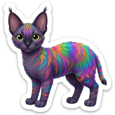 A Colorful iridescent exotic tropical tribal cute happy realistic esoteric patterned fluffy furry dark caracal-Lykoi-bobcat-sphynx-genet-civet-Fakémon-fursona-hybrid-fusion-animal-creature, full body, 4-legged sticker