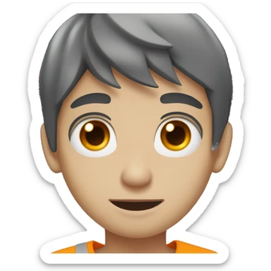 grey boy with orange horns, pointed teeth, yellow eye whites, and black hair sticker
