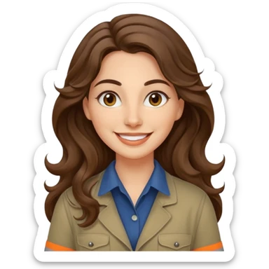 30 yr old italian woman, long brown wavy hair, big brown eyes, huge smile, work clothes, no bangs,  sticker