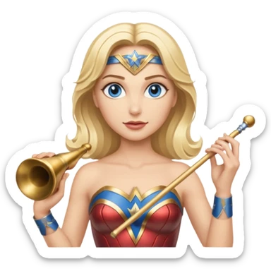 Blonde blue eyed Wonder Woman holding white orchestra conductor’s baton and bell sticker