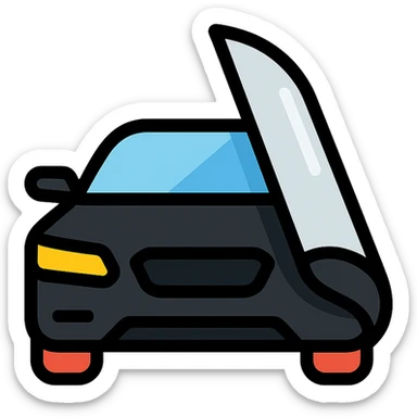 high-end black car icon partially covered by a rolled transparent or light gray film with curved adhesion effect, glossy black main color, modern and clean style, no text sticker