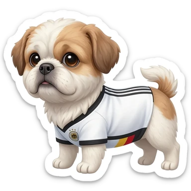 white and light brown shih zhu wearing a German soccer jersey v neck 2026 work cup sticker
