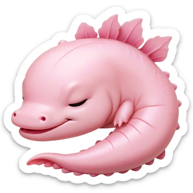Meme-Worthy Cute Sleeping Axolotl Portrait Emoji, Head resting peacefully with a contented smile, showcasing a slender, graceful body with smooth, pale pink skin and gently drooping feathery gills, eyes shut in a serene nap, Simplified yet hilariously adorable features, highly detailed, glowing with a soft, drowsy light, high shine, relaxed and utterly lovable, stylized with an air of playful laziness, bright and heartwarming, soft glowing outline, capturing the essence of a comically sleepy aquatic friend, so meme-worthy it feels like it could instantly become the next viral sensation of adorable slumber! sticker