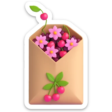 A tea bag with pink flowers and cherries sticker