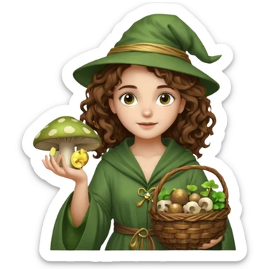 very beautiful italian girl, looking like Emma Watson, with curly and big volume very bright brown hair, and a golden piercing ring in nose on left side, dressed in a beautiful wizard robe of green colors, with basket of mushrooms sticker