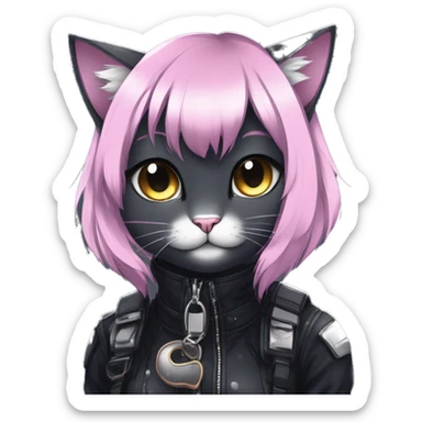 Gorgeous sparkly dark techwear anime style anthro cat with blushing face aesthetic and pretty edgy black with collar and harness trending style sticker