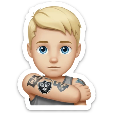 blue-eyed blonde boy with raiders arm tattoo sticker
