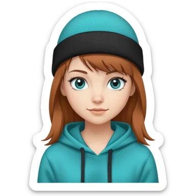 girl with brown side bang hair wearing a black beanie  and a teal hoodie. she has blue eyes, long lashes and is smirking sticker