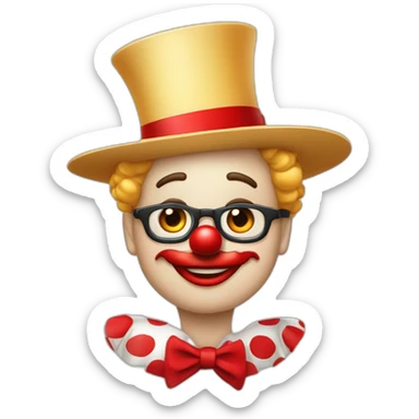 un clown avec nez rouge, sourcil arqués juste qu’en bas de ces yeux ovales des boucles blondes et un haut chapeau  sticker
