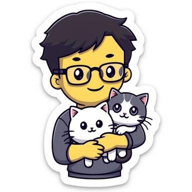 Young man with warm yellow-toned skin, long face, black back-length hair, large eyes, thin-rimmed square glasses, smiling gently while holding a grayish-white Munchkin cat with short legs and a gray patch under its mouth sticker
