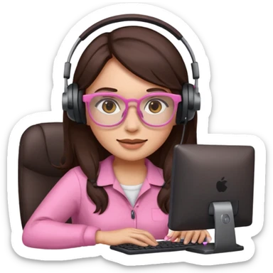 woman emoji with light pink glasses working on computer, light skin, long dark brown hair sticker