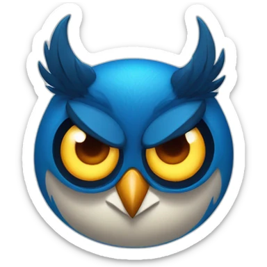 blue owl with with devil horns, a wide grin, and eyes and eyebrows scrunched downward, looks angry sticker