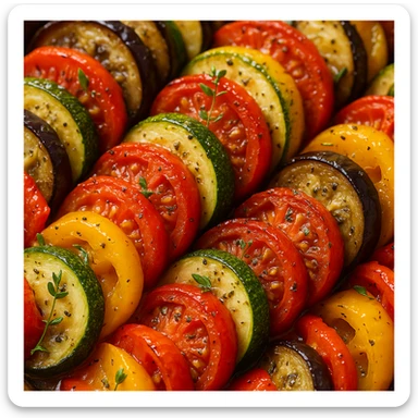 ratatouille food, realistic style, close-up of cooked vegetables, glistening with olive oil, herbs visible sticker