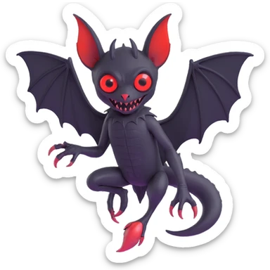 an all black reptilian bat-like creature. One cyclopian red eye in its face. no visible mouth or ears. 2 hind legs with claws. has a long tale with a stinger. no ears. no horns. no arms. visible bone-like stinger at end of tail sticker