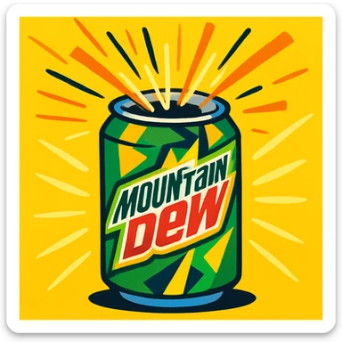 a can of Mountain Dew, vibrant and energetic, green and yellow colors, with sunshine rays bursting out when opened sticker
