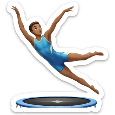 An athletic person soaring high above a trampoline, executing an acrobatic flip with perfect form. The scene captures motion and energy, with a dynamic pose, stretched limbs, and a focused expression. The background suggests a professional trampoline arena with safety padding. sticker