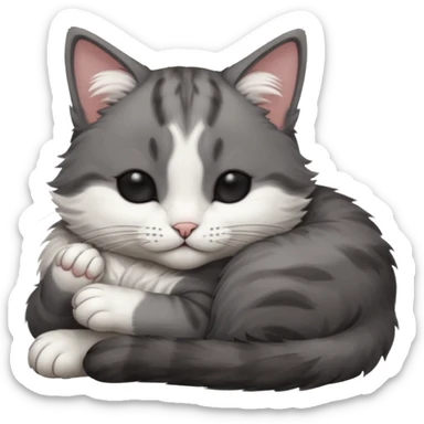 dark grey and white small cat with his eyes closed leaning his head on his paw while lying down sticker