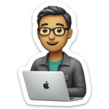 sowftware engineer in front of laptop, apple-style sticker
