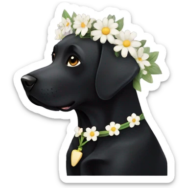 Black lab dog with white chest with flower crown sticker