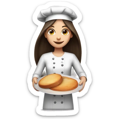 Brunette long straight hair girl holding plate in a cook hat sticker