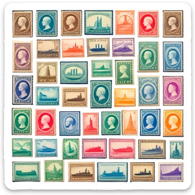 Icon for Stamp Collecting: a collection of vintage and colorful stamps arranged in an album or on a desk, with a large stamp block in the center showcasing different themes. The icon should reflect the charm and history of philately. Transparent background. sticker