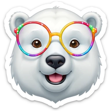 head and shoulders of a friendly anthropomorphised polar bear smiling, wearing large multicolored star-shaped glasses sticker