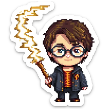 Harry Potter character with glasses and lightning bolt scar in pixel art style sticker