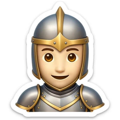 Clash of Clans aesthetic Playful Knight Portrait Emoji, Head tilted with a subtle, cheeky smile peeking from beneath an open helm, showcasing a compact, stylized armored build with bright, expressive eyes in natural skin tone, Simplified yet irresistibly charming features, highly detailed, glowing with a warm, inviting metallic glow, high shine, spirited and approachable, stylized with an air of whimsical chivalry, soft glowing outline, capturing the essence of a playful knight exuding friendly valor! sticker