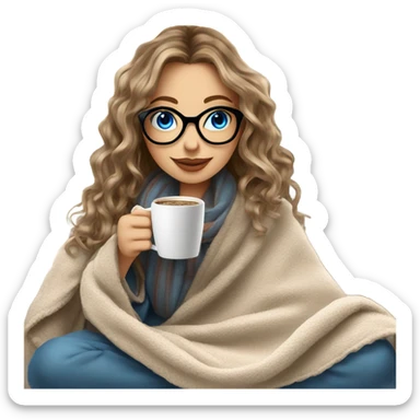Balayage hair Girl drinking coffee, with a cozy blanket wearing glasses with blue eyes beautiful  sticker