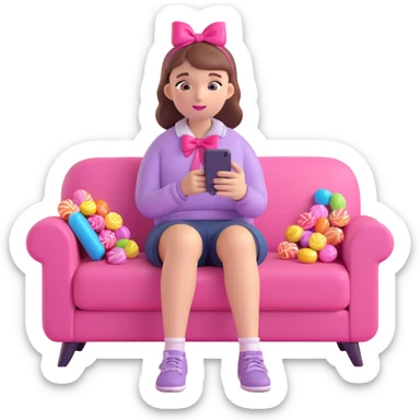 A girl sitting on a couch with a cat, holding a smartphone, with a pink bow on her head, surrounded by candy, in a warm, cozy setting. sticker